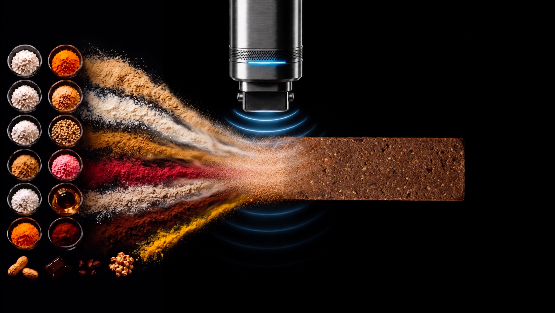 SOUND ultrasonic cold-form process — ingredient bowls feeding powder streams into a finished bar under an ultrasonic horn