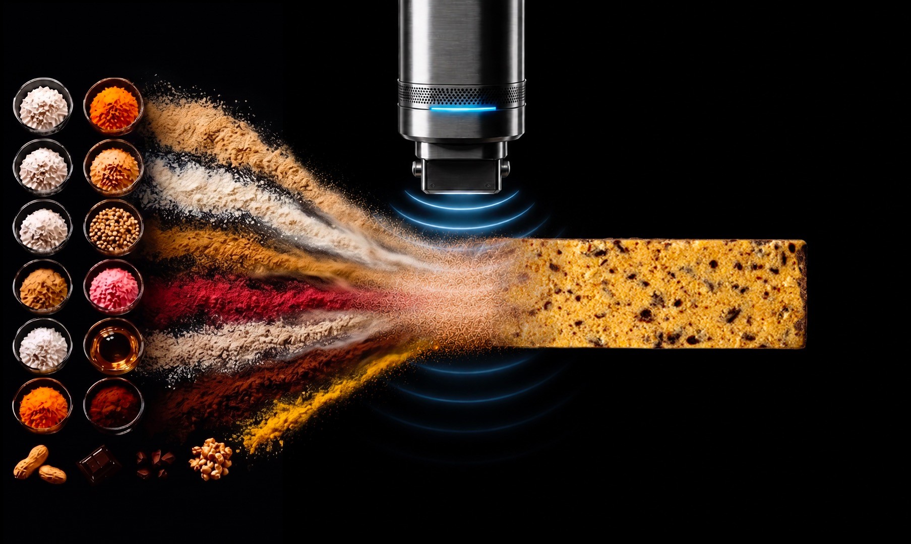 SOUND ultrasonic horn cold-forming pigmented actives from ingredient bowls into a fully-formed bar